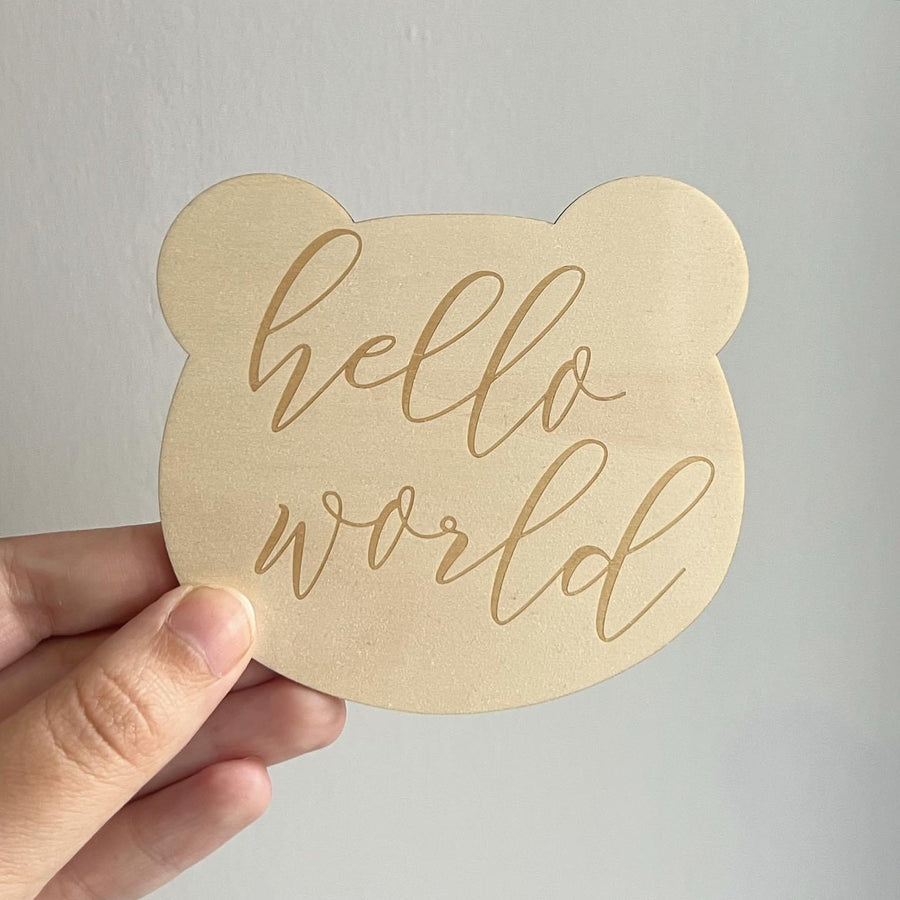 Hello World Teddy Bear Wooden Milestone Plaque